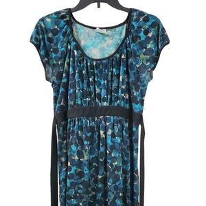 Two Hearts Maternity MEDIUM Black Blue Babydoll Blouse Stretch Tie Back